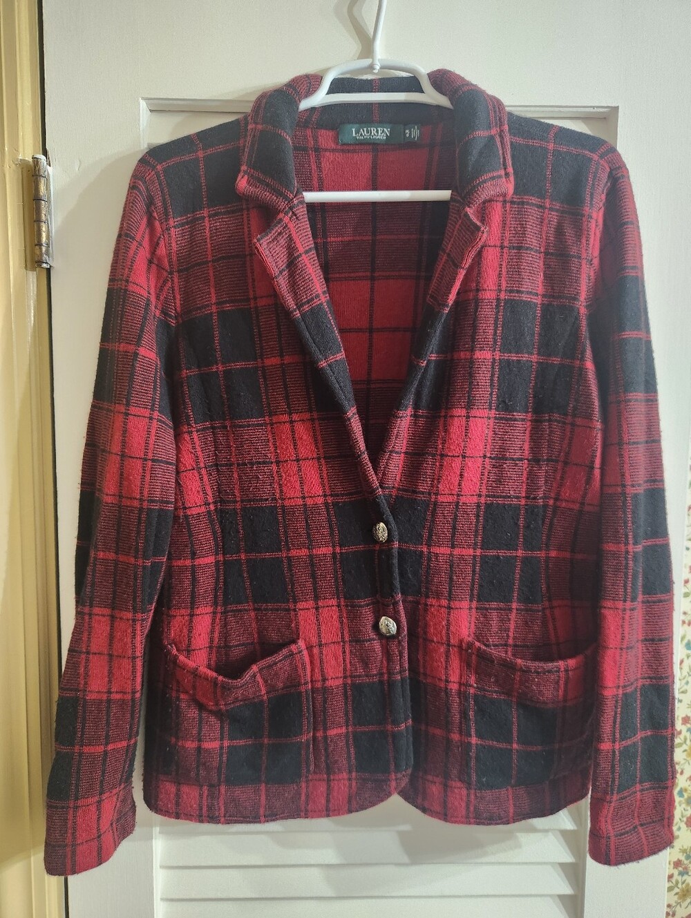 Lauren Ralph Lauren Red Plaid Knit Blazer Jacket Tartan Cardigan PL